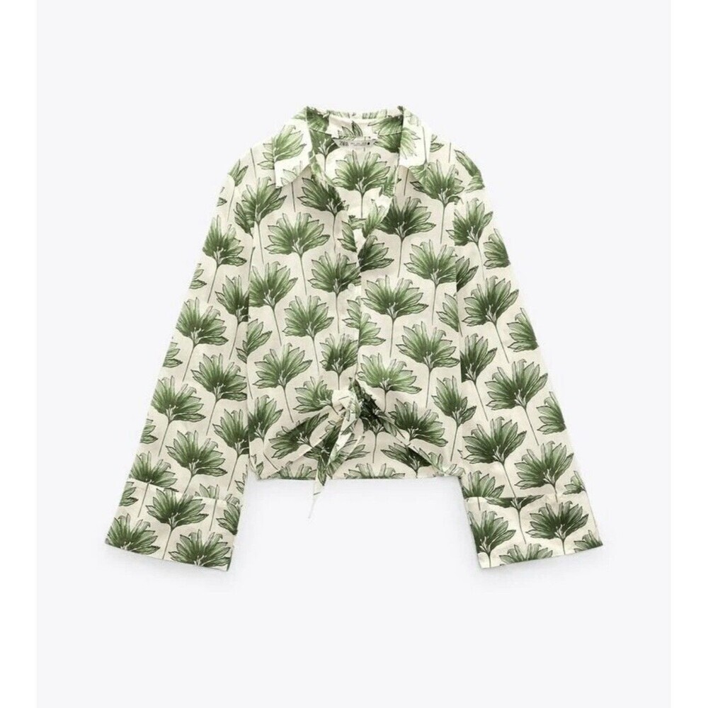 Zara Tropical Palm Leaf Print Tie Front Cropped Button Up Shirt Long Sleeve L